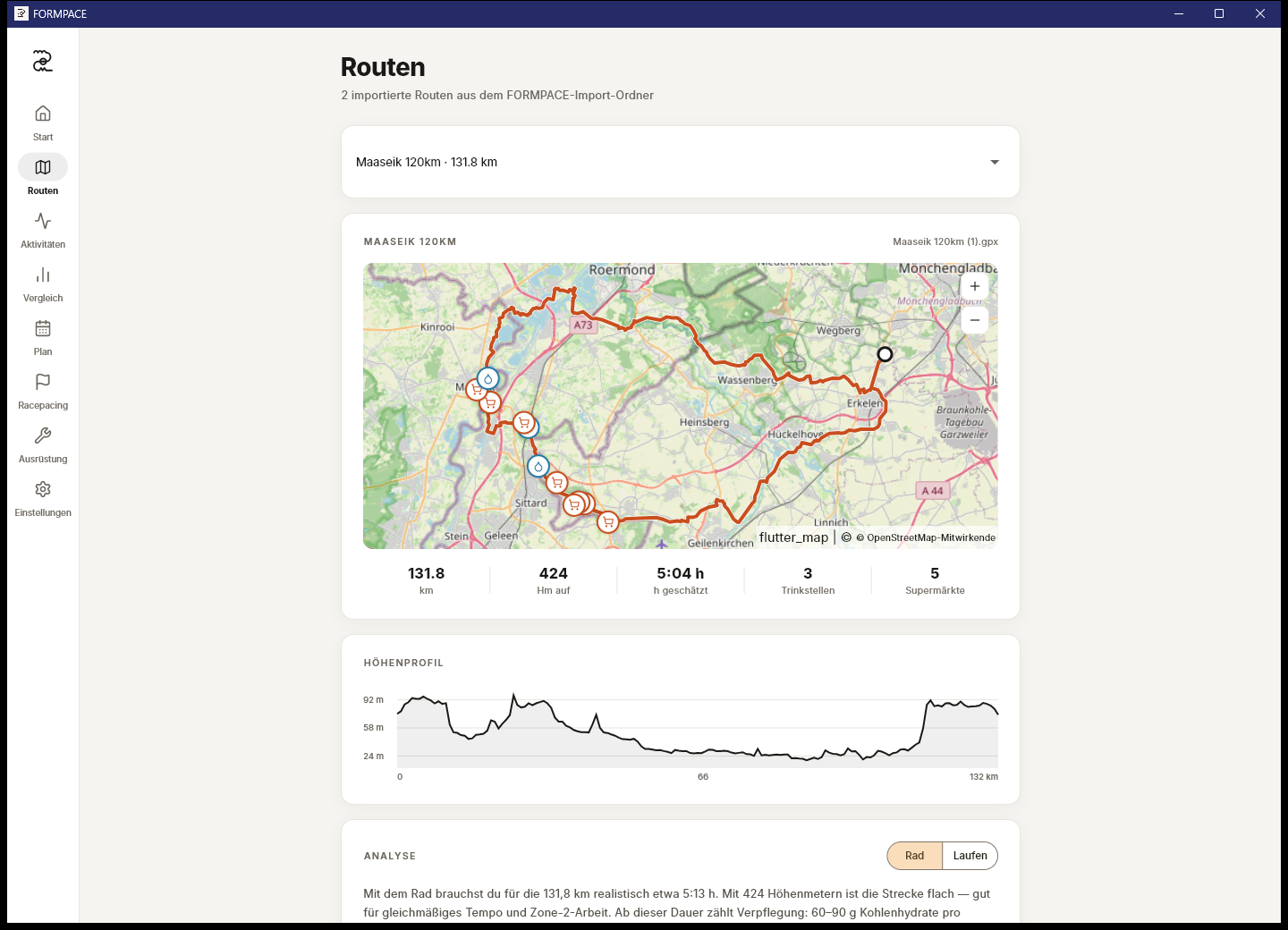 FORMPACE Routen-Menü: echte 131-km-Route auf OpenStreetMap-Karte mit Trinkstellen und Supermärkten, Höhenprofil und Analyse